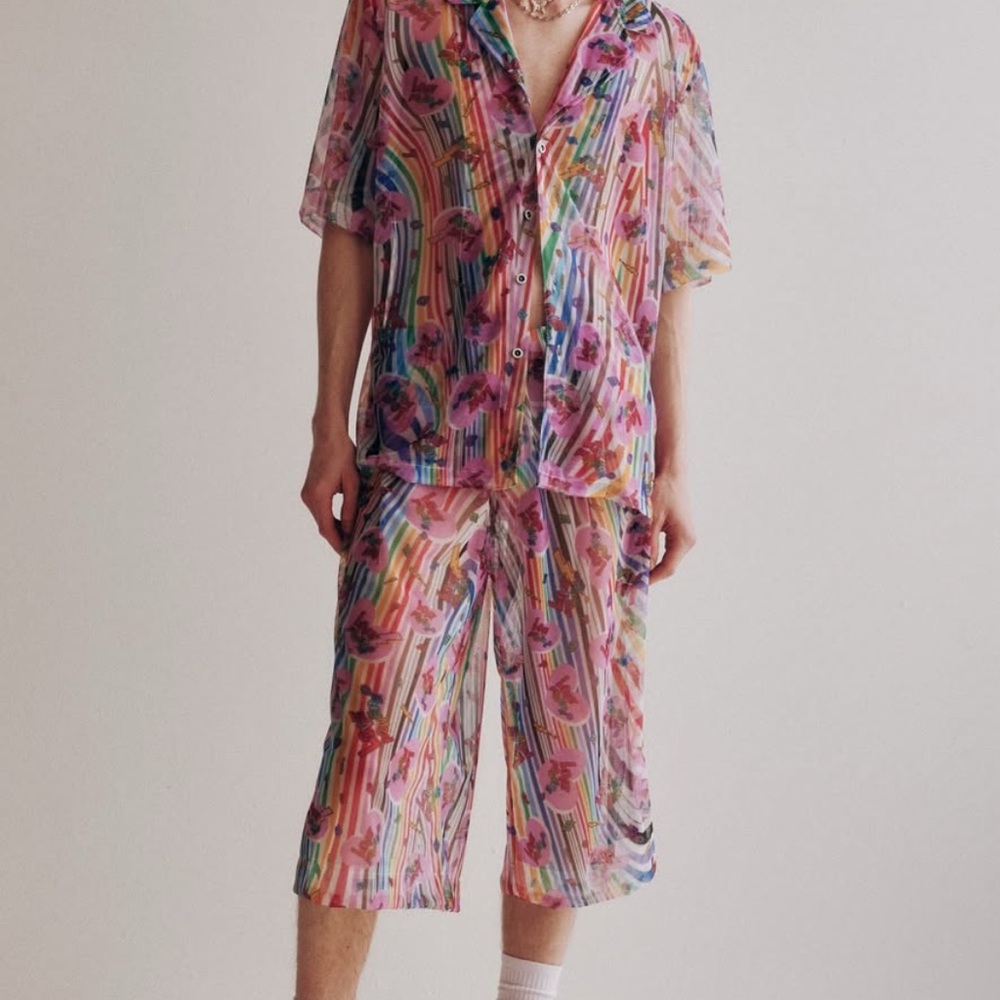 Mindful Pigs, rainbow wide mesh shorts